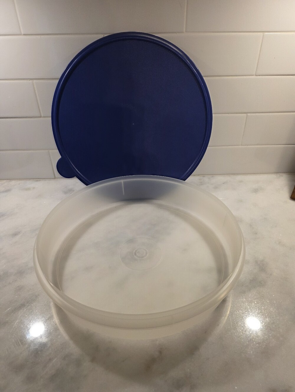 Tupperware Blue-Lid Round Cup Cake/Cake Container with Frosted Base